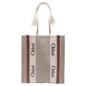 Chloé Large Woody Vertical Tote Bag in Beige Linen Canvas